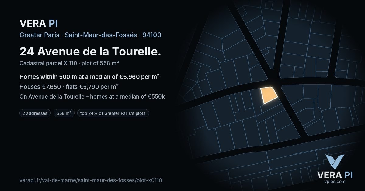 24 Avenue de la Tourelle, Saint-Maur-des-Fossés at night – the plot lit, the parcels around coloured by the prices near them