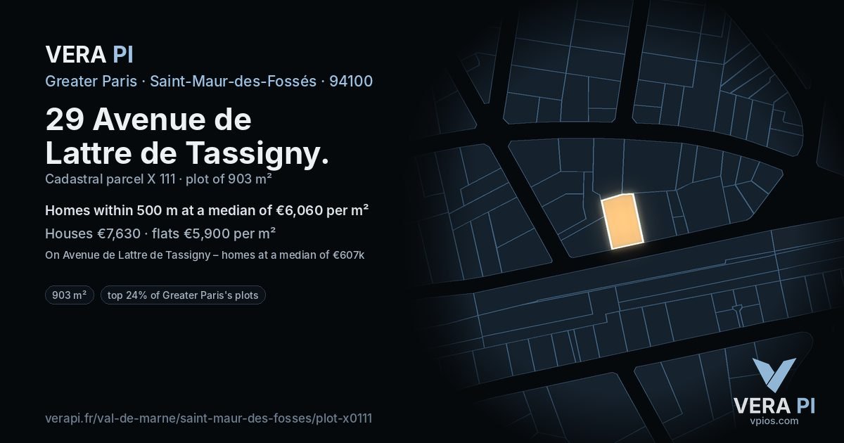 29 Avenue de Lattre de Tassigny, Saint-Maur-des-Fossés at night – the plot lit, the parcels around coloured by the prices near them