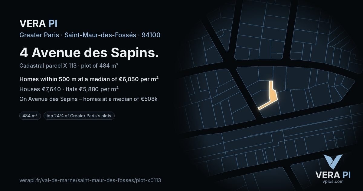 4 Avenue des Sapins, Saint-Maur-des-Fossés at night – the plot lit, the parcels around coloured by the prices near them
