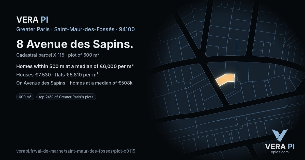 8 Avenue des Sapins, Saint-Maur-des-Fossés at night – the plot lit, the parcels around coloured by the prices near them