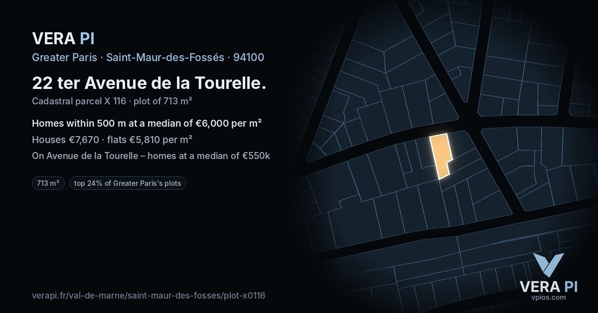 22 ter Avenue de la Tourelle, Saint-Maur-des-Fossés at night – the plot lit, the parcels around coloured by the prices near them