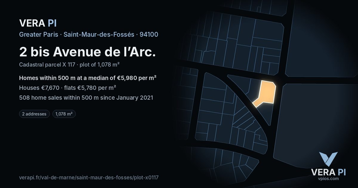 2 bis Avenue de l’Arc, Saint-Maur-des-Fossés at night – the plot lit, the parcels around coloured by the prices near them