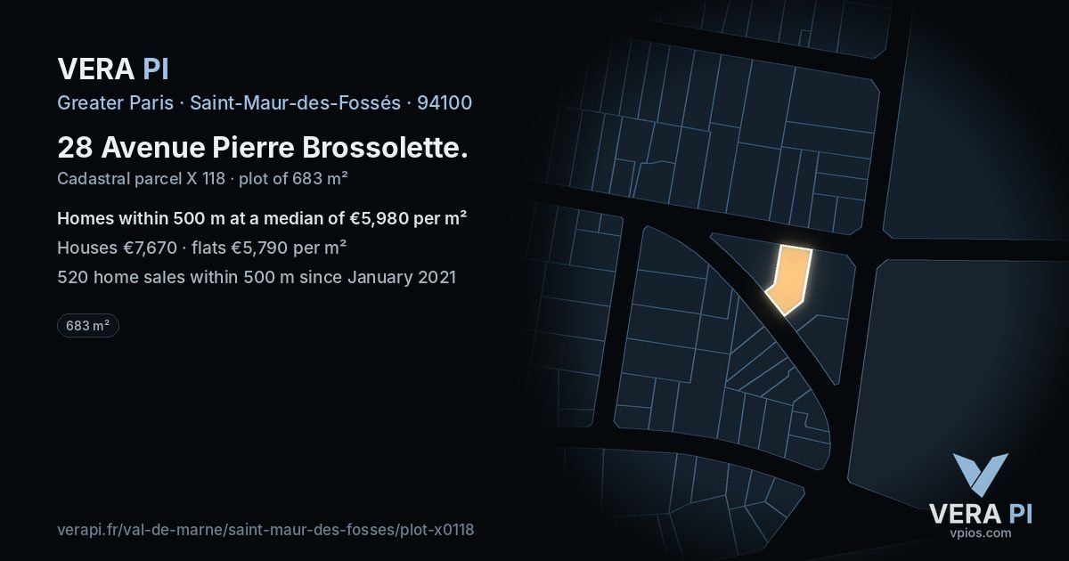 28 Avenue Pierre Brossolette, Saint-Maur-des-Fossés at night – the plot lit, the parcels around coloured by the prices near them