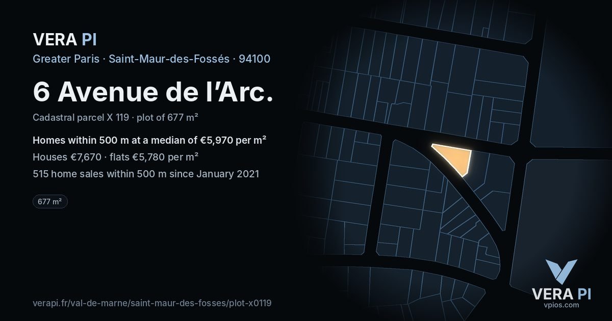 6 Avenue de l’Arc, Saint-Maur-des-Fossés at night – the plot lit, the parcels around coloured by the prices near them