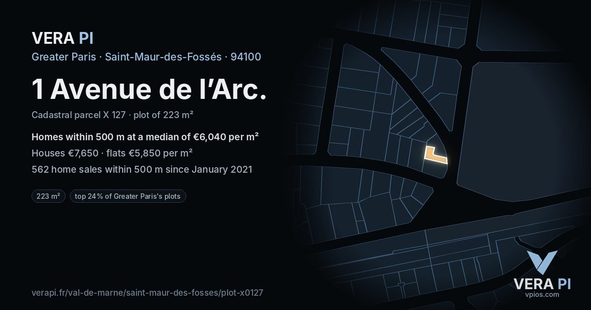 1 Avenue de l’Arc, Saint-Maur-des-Fossés at night – the plot lit, the parcels around coloured by the prices near them