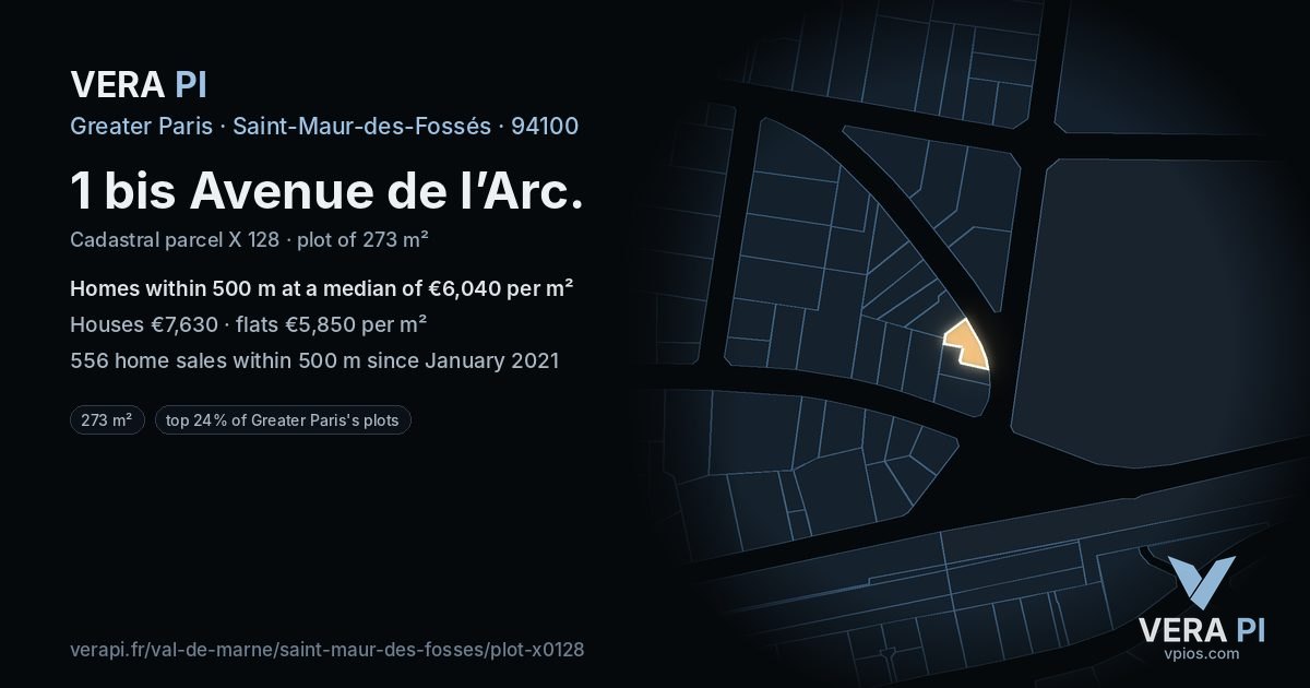 1 bis Avenue de l’Arc, Saint-Maur-des-Fossés at night – the plot lit, the parcels around coloured by the prices near them