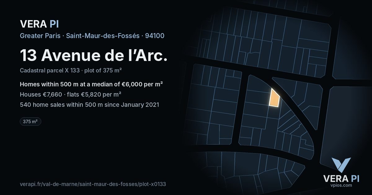 13 Avenue de l’Arc, Saint-Maur-des-Fossés at night – the plot lit, the parcels around coloured by the prices near them