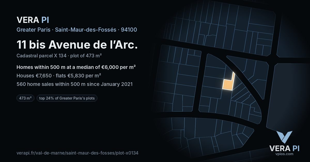 11 bis Avenue de l’Arc, Saint-Maur-des-Fossés at night – the plot lit, the parcels around coloured by the prices near them