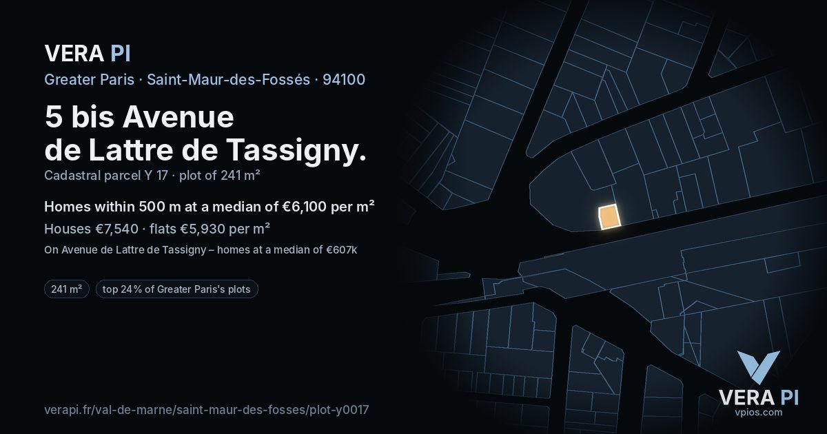 5 bis Avenue de Lattre de Tassigny, Saint-Maur-des-Fossés at night – the plot lit, the parcels around coloured by the prices near them