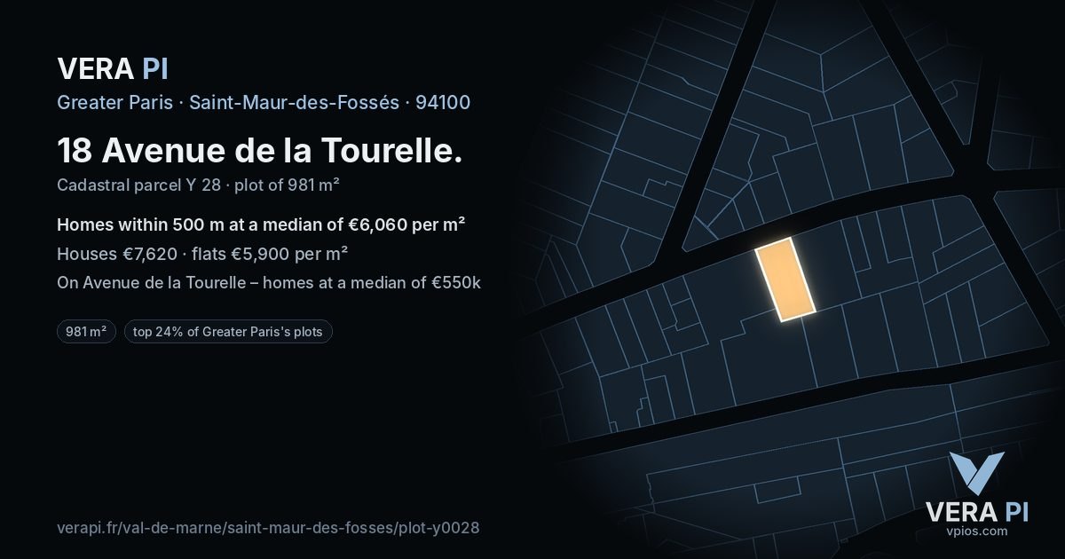 18 Avenue de la Tourelle, Saint-Maur-des-Fossés at night – the plot lit, the parcels around coloured by the prices near them