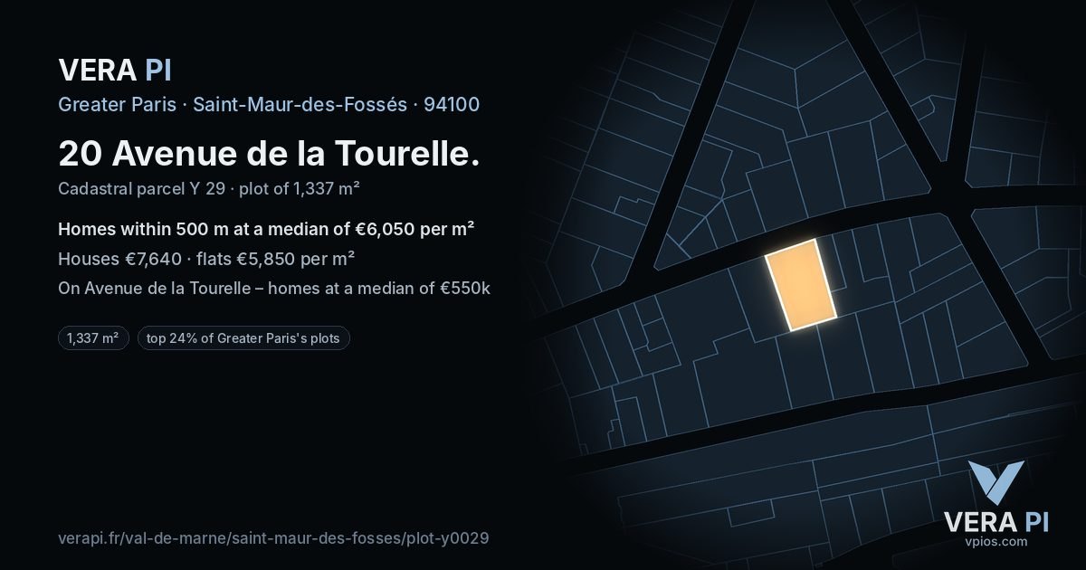20 Avenue de la Tourelle, Saint-Maur-des-Fossés at night – the plot lit, the parcels around coloured by the prices near them