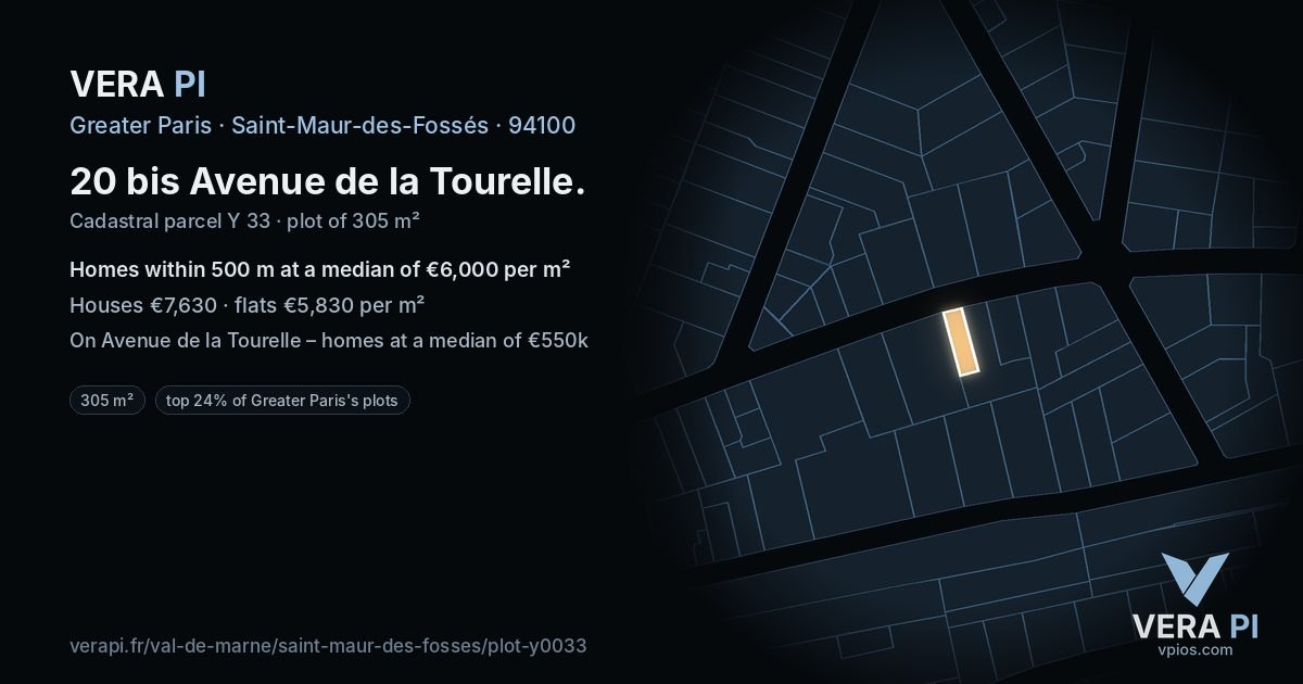 20 bis Avenue de la Tourelle, Saint-Maur-des-Fossés at night – the plot lit, the parcels around coloured by the prices near them