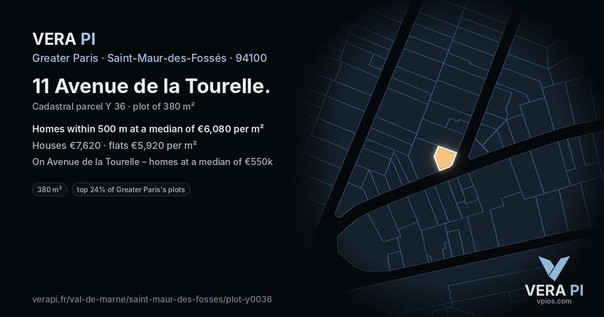 11 Avenue de la Tourelle, Saint-Maur-des-Fossés at night – the plot lit, the parcels around coloured by the prices near them