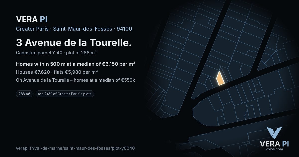 3 Avenue de la Tourelle, Saint-Maur-des-Fossés at night – the plot lit, the parcels around coloured by the prices near them