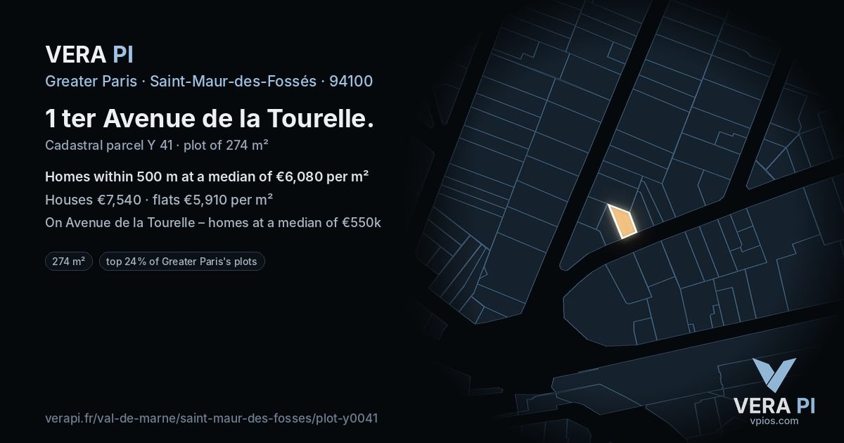 1 ter Avenue de la Tourelle, Saint-Maur-des-Fossés at night – the plot lit, the parcels around coloured by the prices near them