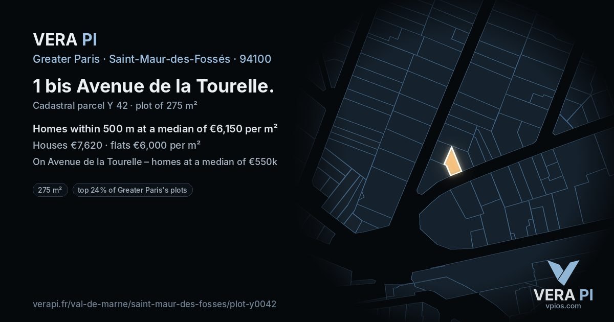 1 bis Avenue de la Tourelle, Saint-Maur-des-Fossés at night – the plot lit, the parcels around coloured by the prices near them