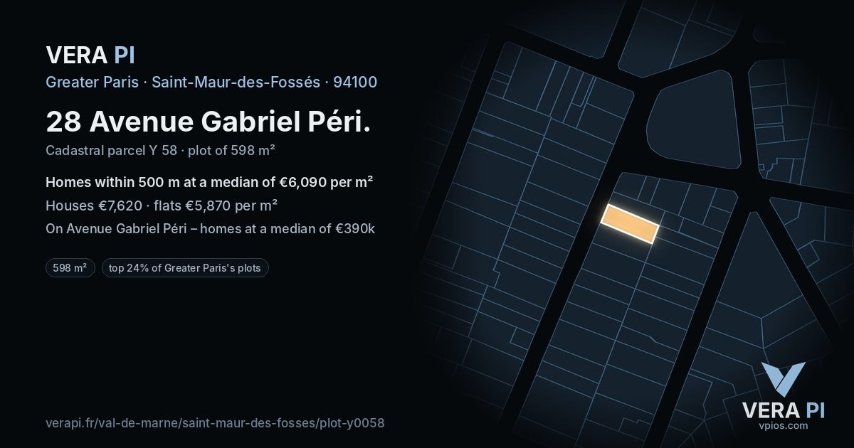 28 Avenue Gabriel Péri, Saint-Maur-des-Fossés at night – the plot lit, the parcels around coloured by the prices near them