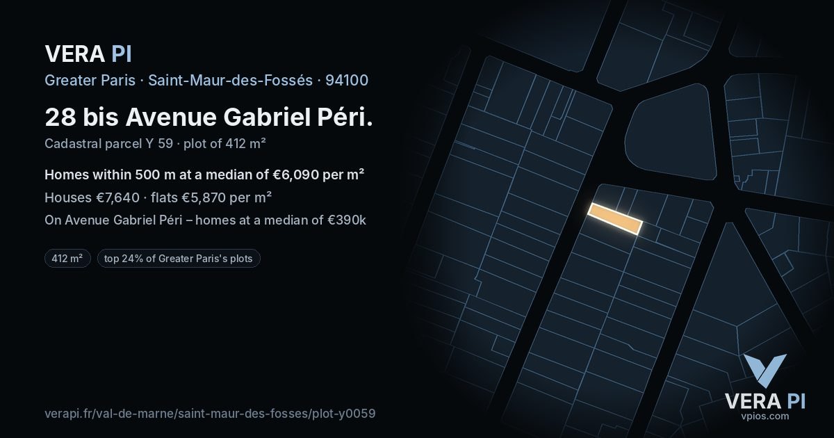 28 bis Avenue Gabriel Péri, Saint-Maur-des-Fossés at night – the plot lit, the parcels around coloured by the prices near them