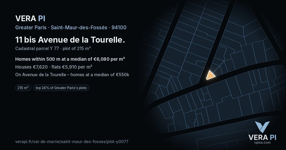 11 bis Avenue de la Tourelle, Saint-Maur-des-Fossés at night – the plot lit, the parcels around coloured by the prices near them