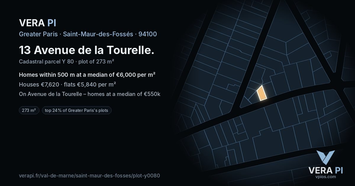 13 Avenue de la Tourelle, Saint-Maur-des-Fossés at night – the plot lit, the parcels around coloured by the prices near them