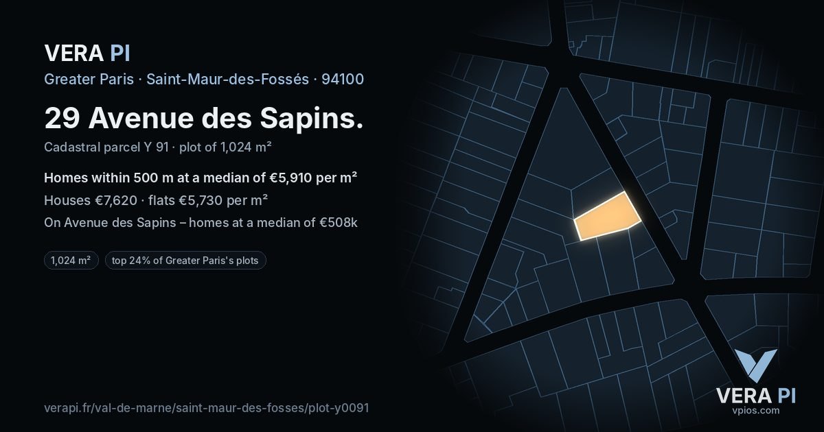 29 Avenue des Sapins, Saint-Maur-des-Fossés at night – the plot lit, the parcels around coloured by the prices near them