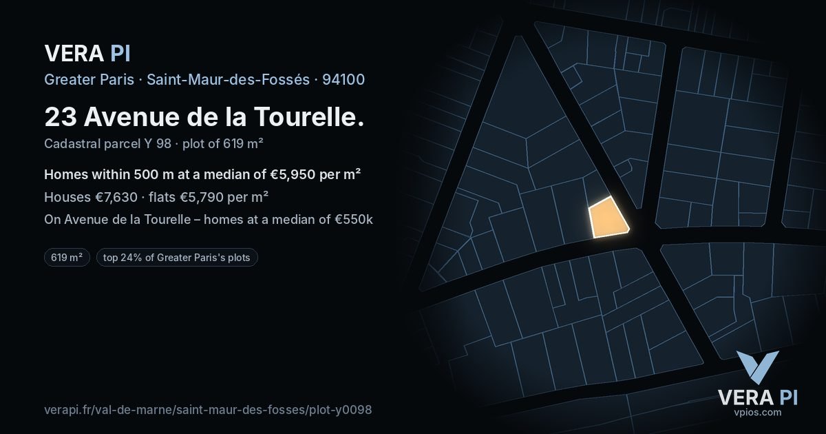 23 Avenue de la Tourelle, Saint-Maur-des-Fossés at night – the plot lit, the parcels around coloured by the prices near them