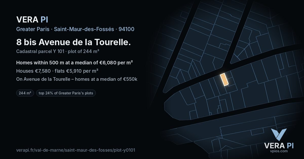 8 bis Avenue de la Tourelle, Saint-Maur-des-Fossés at night – the plot lit, the parcels around coloured by the prices near them