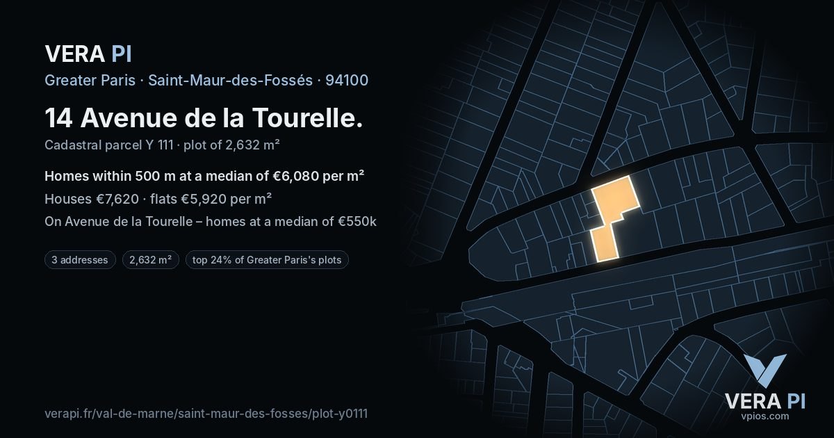 14 Avenue de la Tourelle, Saint-Maur-des-Fossés at night – the plot lit, the parcels around coloured by the prices near them
