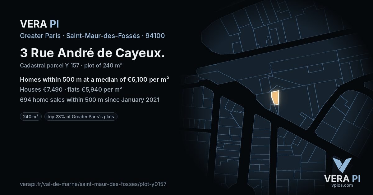 3 Rue André de Cayeux, Saint-Maur-des-Fossés at night – the plot lit, the parcels around coloured by the prices near them