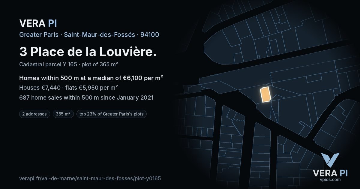 3 Place de la Louvière, Saint-Maur-des-Fossés at night – the plot lit, the parcels around coloured by the prices near them