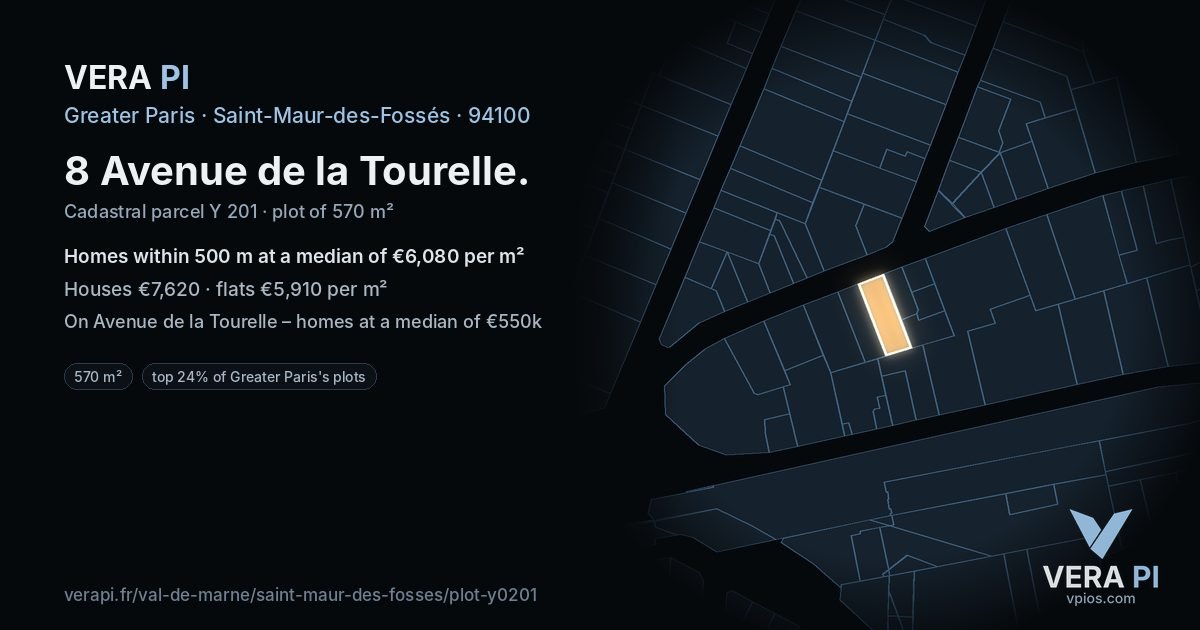 8 Avenue de la Tourelle, Saint-Maur-des-Fossés at night – the plot lit, the parcels around coloured by the prices near them