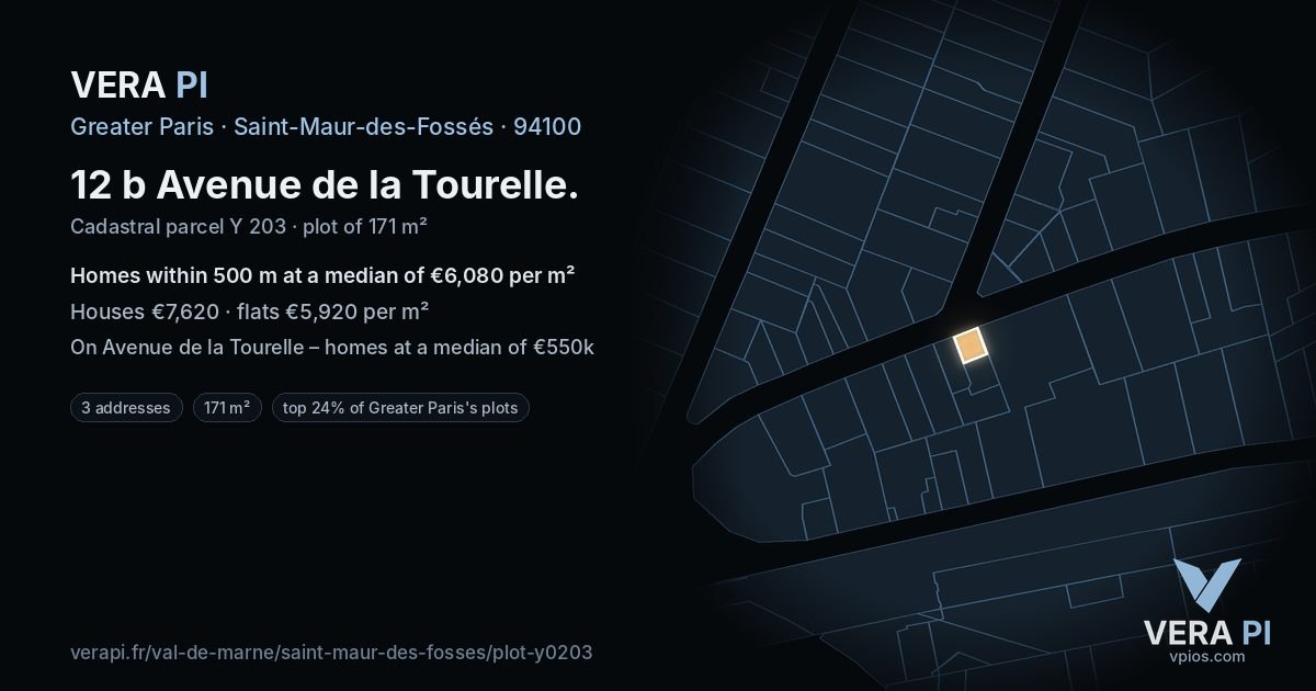 12 b Avenue de la Tourelle, Saint-Maur-des-Fossés at night – the plot lit, the parcels around coloured by the prices near them