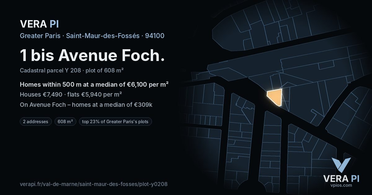 1 bis Avenue Foch, Saint-Maur-des-Fossés at night – the plot lit, the parcels around coloured by the prices near them