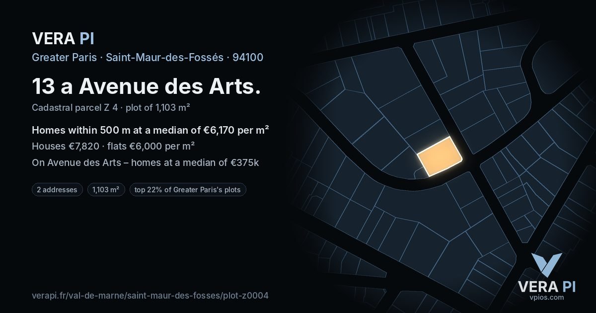 13 a Avenue des Arts, Saint-Maur-des-Fossés at night – the plot lit, the parcels around coloured by the prices near them