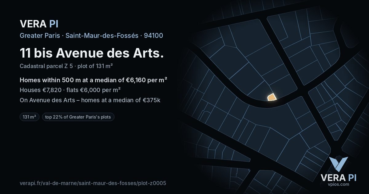 11 bis Avenue des Arts, Saint-Maur-des-Fossés at night – the plot lit, the parcels around coloured by the prices near them