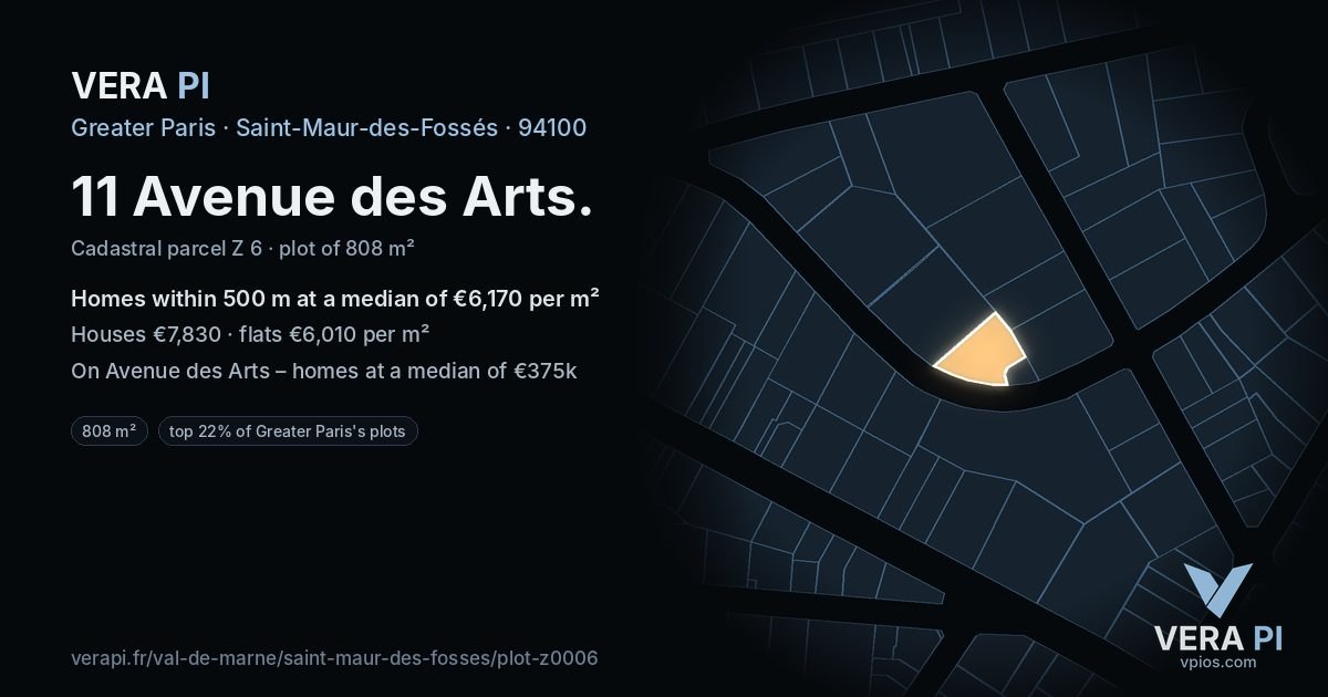 11 Avenue des Arts, Saint-Maur-des-Fossés at night – the plot lit, the parcels around coloured by the prices near them