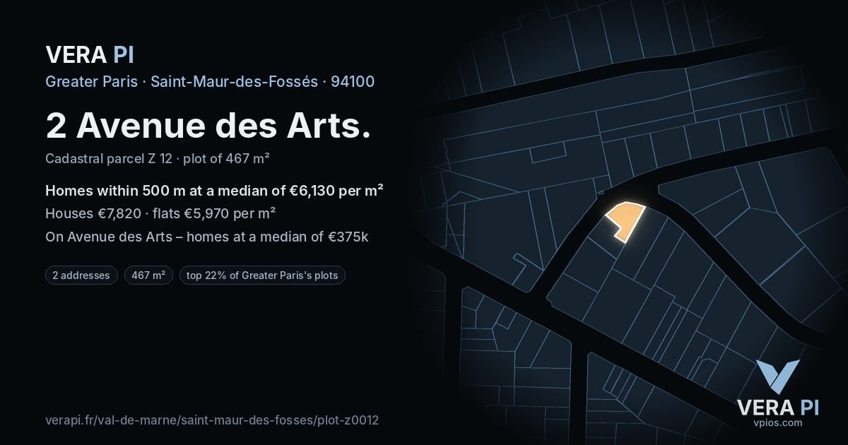 2 Avenue des Arts, Saint-Maur-des-Fossés at night – the plot lit, the parcels around coloured by the prices near them
