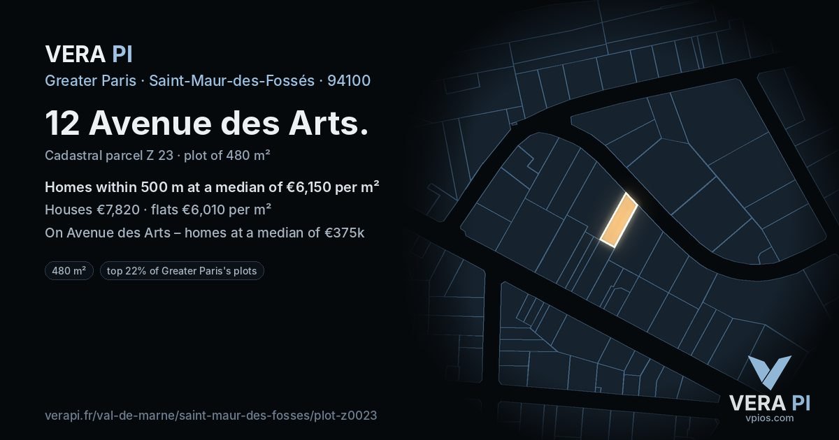 12 Avenue des Arts, Saint-Maur-des-Fossés at night – the plot lit, the parcels around coloured by the prices near them