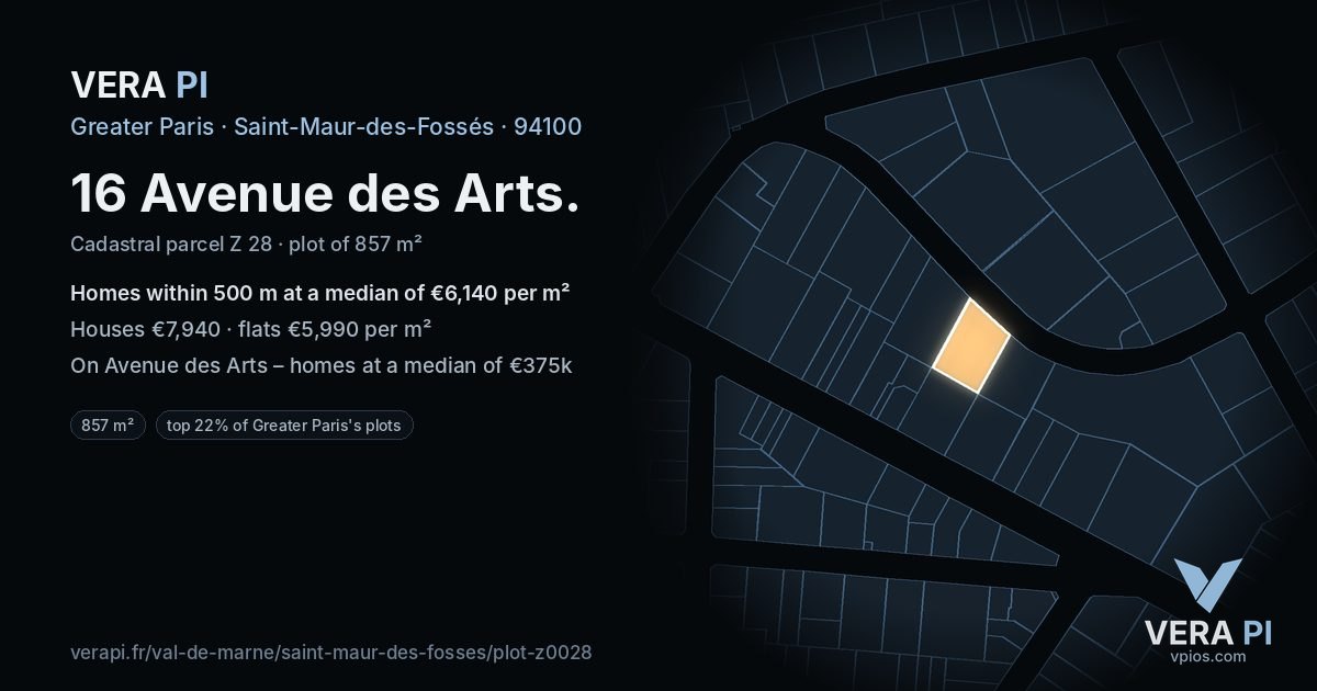16 Avenue des Arts, Saint-Maur-des-Fossés at night – the plot lit, the parcels around coloured by the prices near them