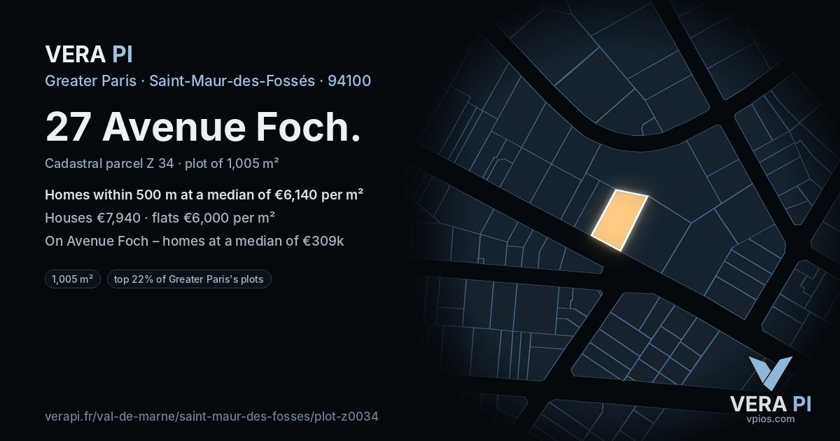 27 Avenue Foch, Saint-Maur-des-Fossés at night – the plot lit, the parcels around coloured by the prices near them