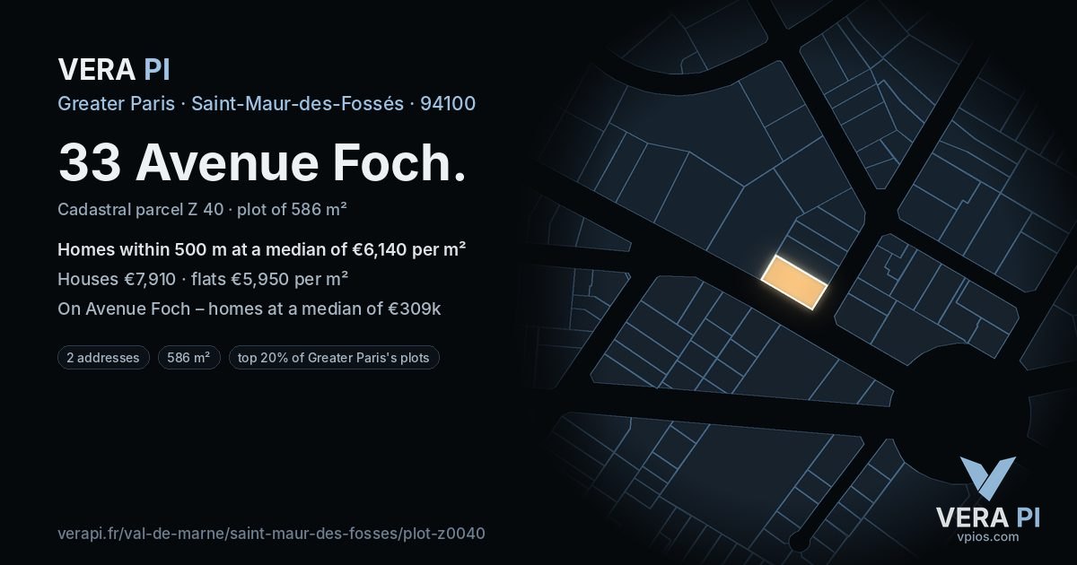 33 Avenue Foch, Saint-Maur-des-Fossés at night – the plot lit, the parcels around coloured by the prices near them