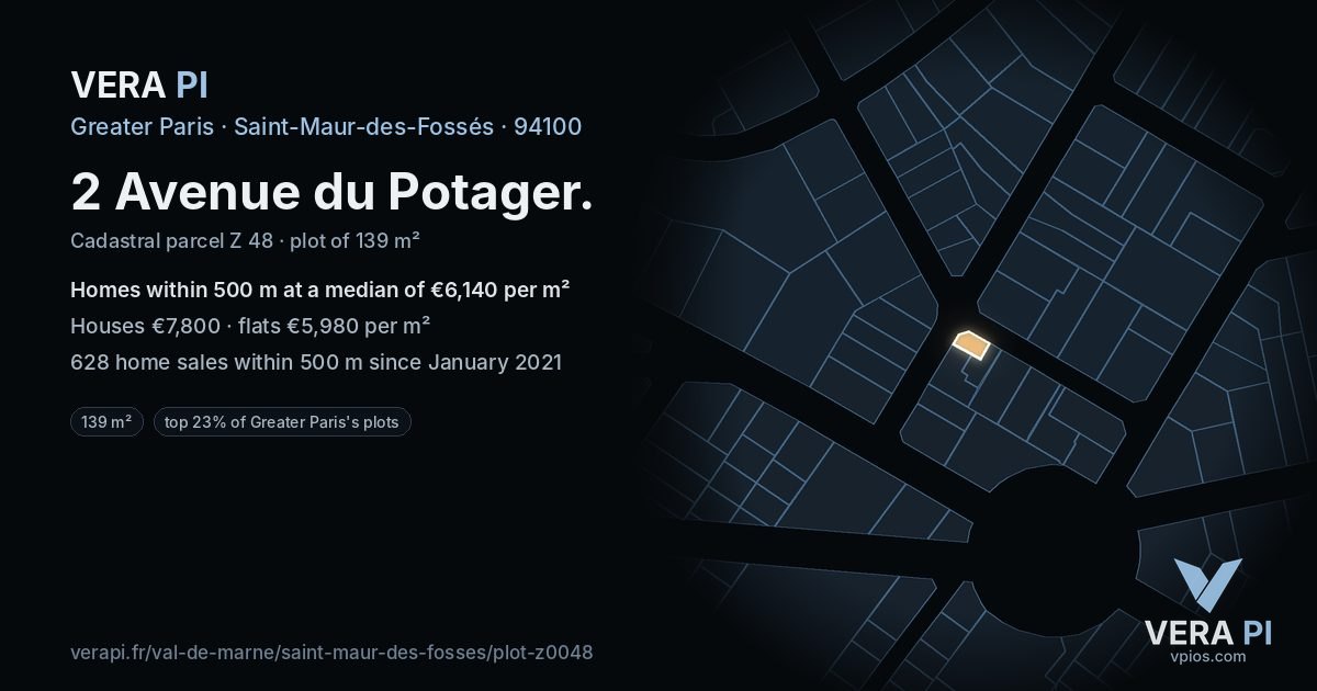 2 Avenue du Potager, Saint-Maur-des-Fossés at night – the plot lit, the parcels around coloured by the prices near them