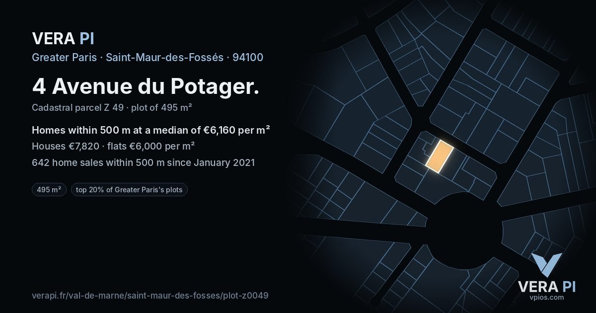 4 Avenue du Potager, Saint-Maur-des-Fossés at night – the plot lit, the parcels around coloured by the prices near them