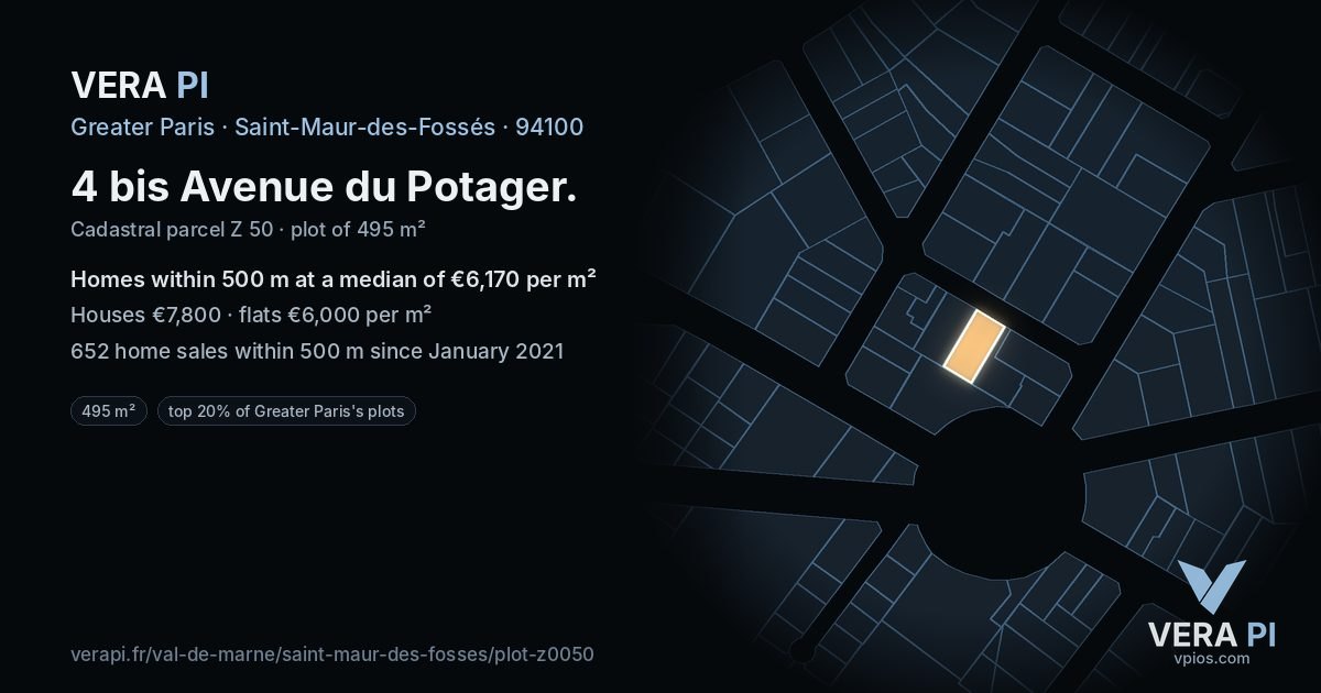 4 bis Avenue du Potager, Saint-Maur-des-Fossés at night – the plot lit, the parcels around coloured by the prices near them