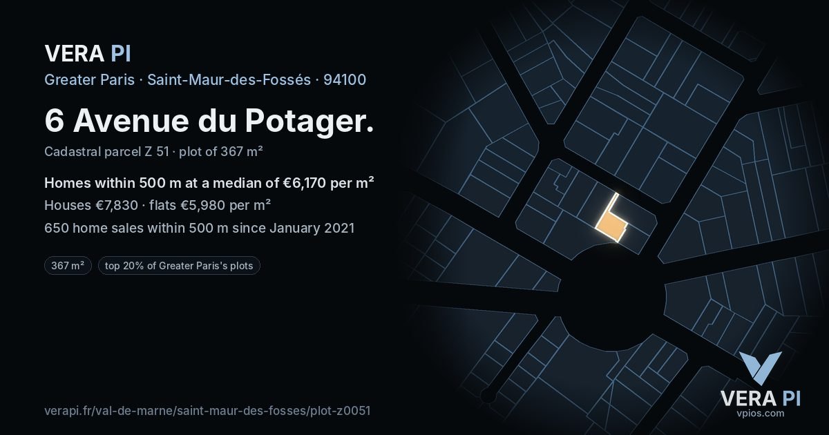6 Avenue du Potager, Saint-Maur-des-Fossés at night – the plot lit, the parcels around coloured by the prices near them