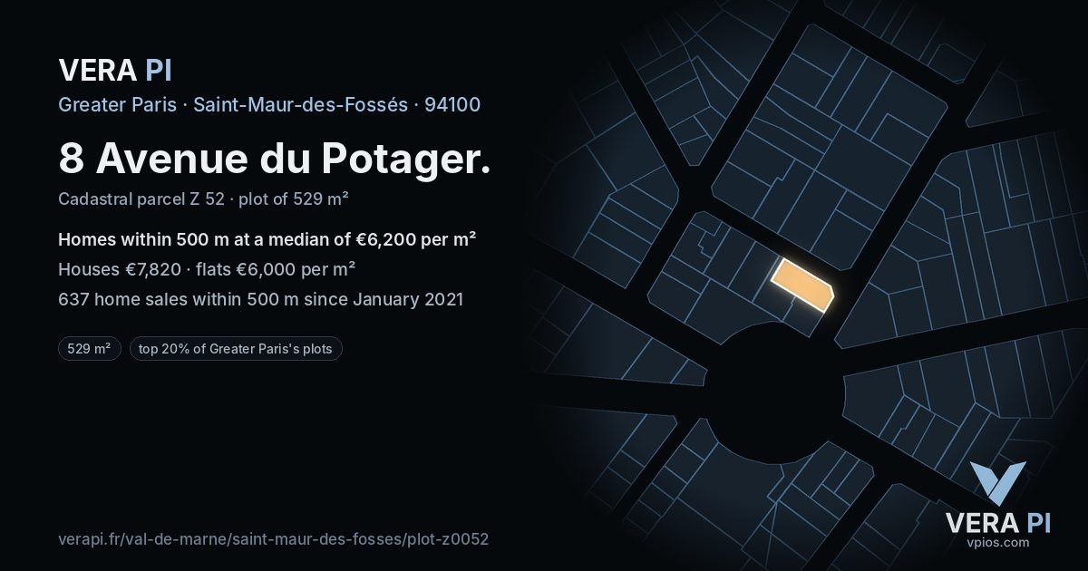 8 Avenue du Potager, Saint-Maur-des-Fossés at night – the plot lit, the parcels around coloured by the prices near them