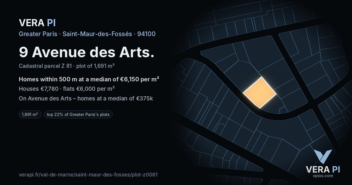 9 Avenue des Arts, Saint-Maur-des-Fossés at night – the plot lit, the parcels around coloured by the prices near them
