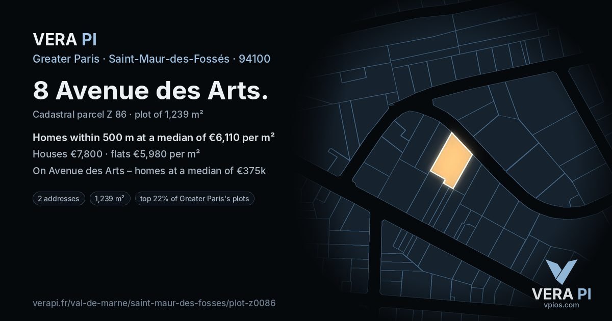 8 Avenue des Arts, Saint-Maur-des-Fossés at night – the plot lit, the parcels around coloured by the prices near them