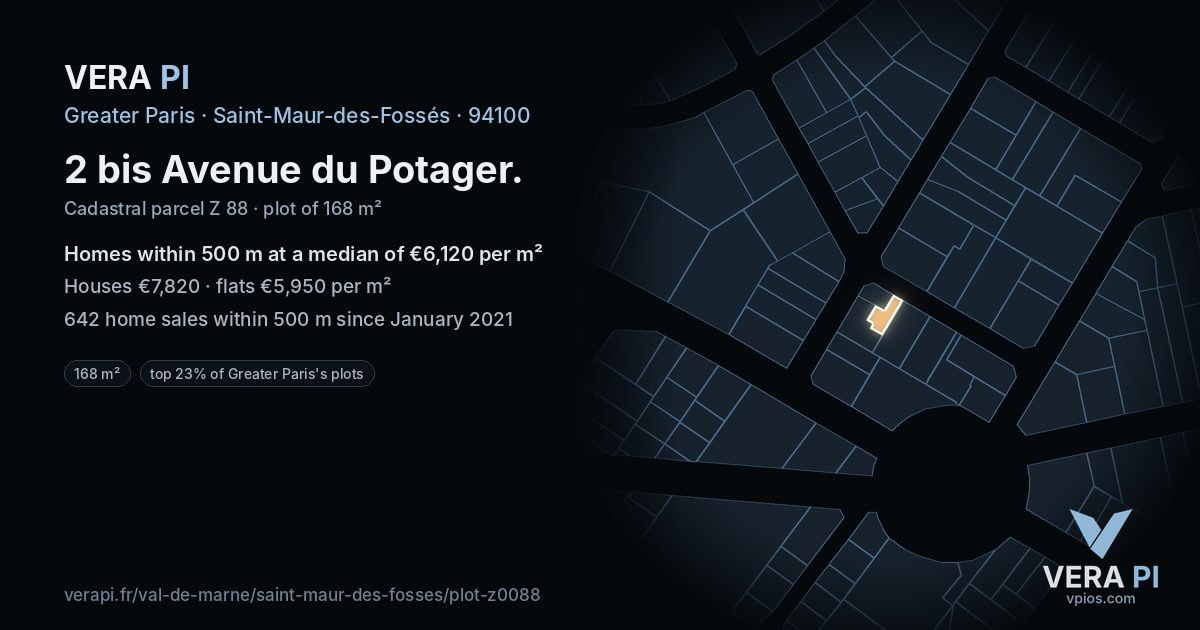 2 bis Avenue du Potager, Saint-Maur-des-Fossés at night – the plot lit, the parcels around coloured by the prices near them
