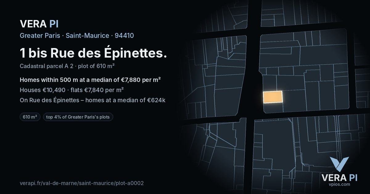 1 bis Rue des Épinettes, Saint-Maurice at night – the plot lit, the parcels around coloured by the prices near them